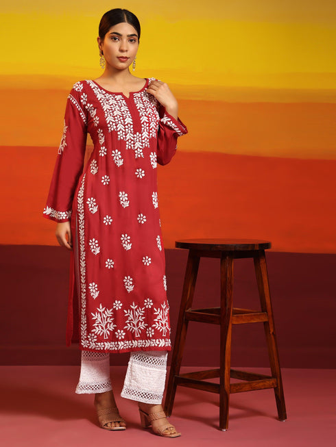 Samma Premium Hand Embroidery Chikankari Kurta in Modal Cotton- Red
